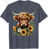 Cute Highland Cow and Coquette Bow Highland Cow with Sunflowers T-Shirt - Heather Blue