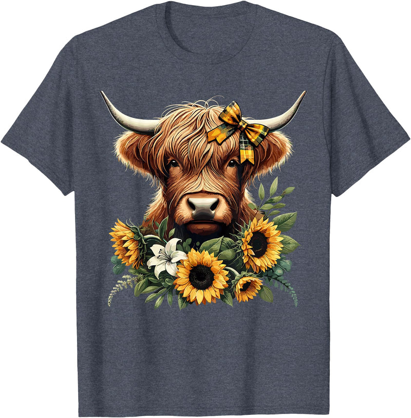 Cute Highland Cow and Coquette Bow Highland Cow with Sunflowers T-Shirt - Heather Blue