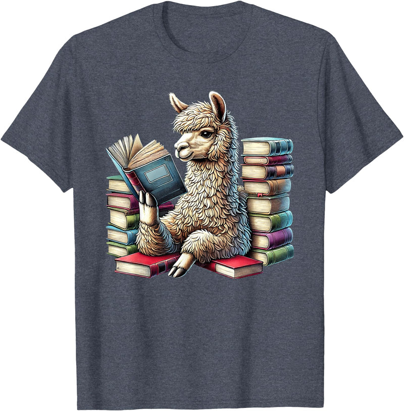 Llama Book Lover Llama Reading Book Reader Bookworm Alpaca Lover T-Shirt - Heather Blue