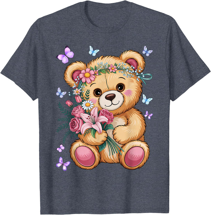 Bear Lover Gift Co. Cool Crowned Teddy Bear for Flowers Lovers T-Shirt - Heather Blue