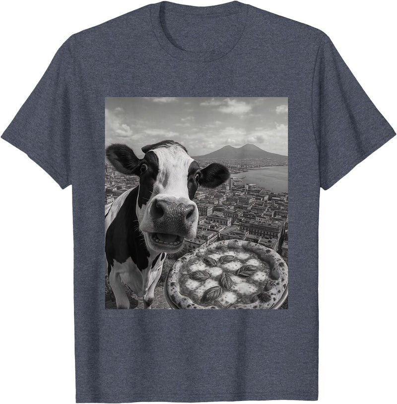 Wildfie – Selfies from Around the World Cow Pizza Selfie Funny Italy Meme Design T-Shirt - Heather Blue