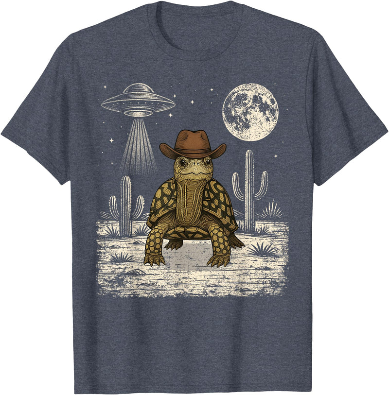 Retro Land Turtle Lover Halloween Moon Funny Eastern Box Turtle Cowboy Western UFO T-Shirt - Heather Blue