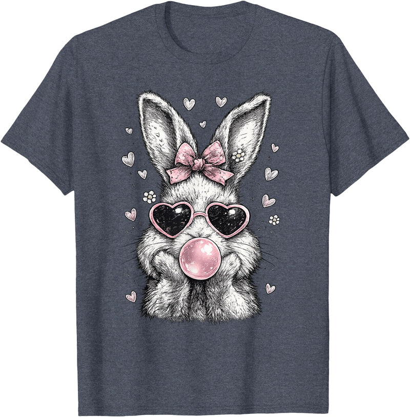 Cute Easter Bunny for Women Pink Rabbit Coquette Girly T-Shirt in Heather Blue