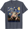 Cute Pigs Designs. Cute Pig Funny Van Gogh Style Starry Night Graphic T-Shirt - Heather Blue