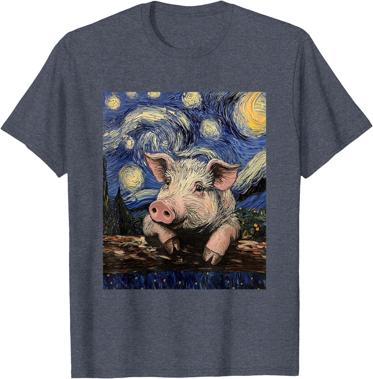 Cute Pigs Designs. Cute Pig Funny Van Gogh Style Starry Night Graphic T-Shirt - Heather Blue
