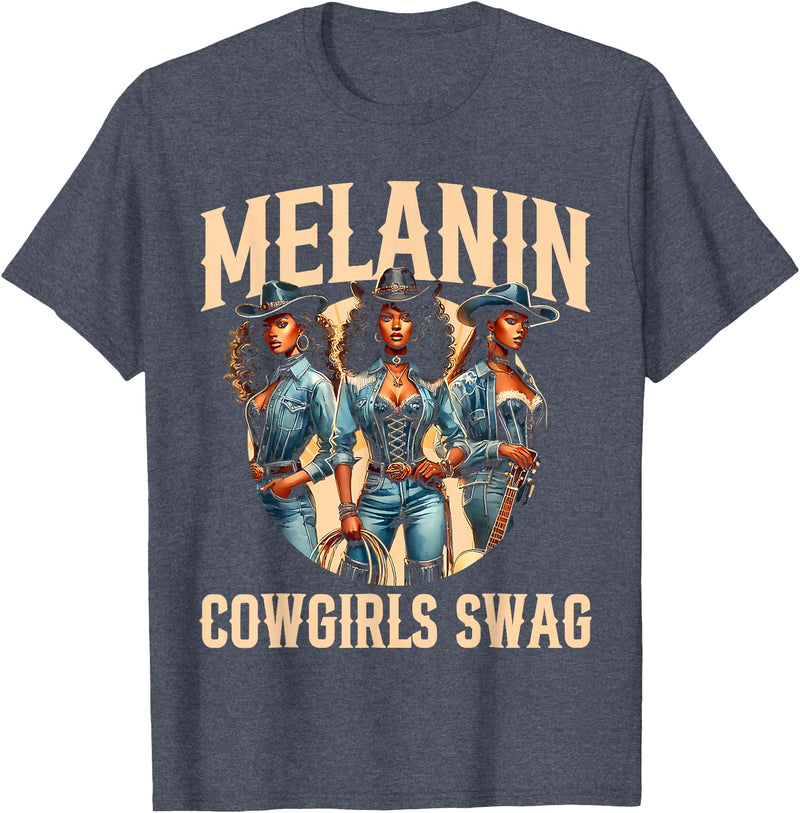 Funny Cowgirl Women Melanin Cow Girl Outfit Cowgirl for Women African Tee Melanin Cow Girl Outfit T-Shirt - Heather Blue