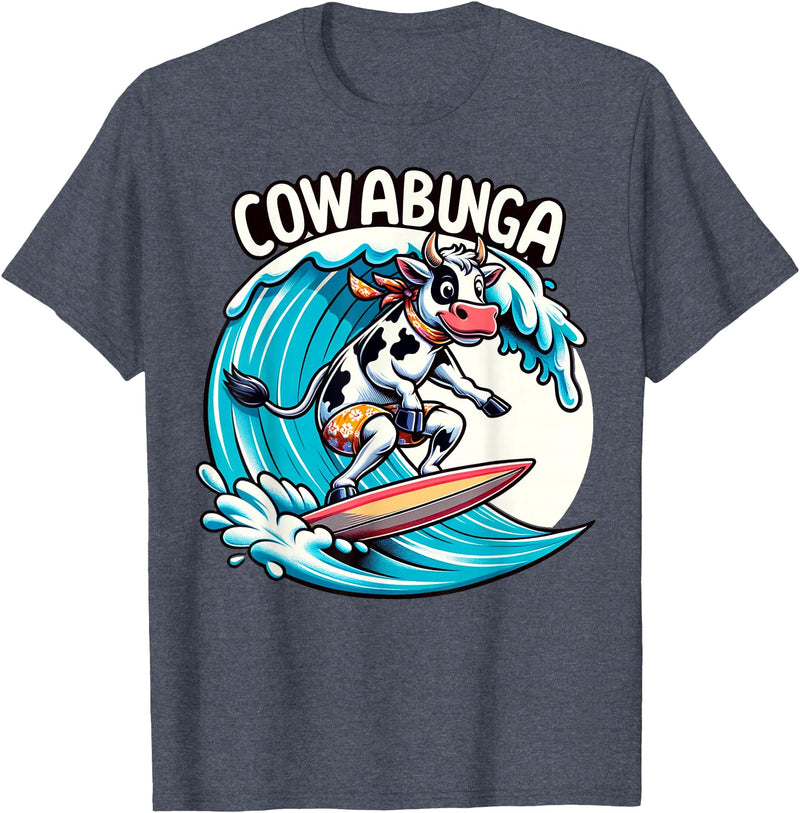 Funny Surfing Shirts for Surfers Cowabunga Beach Surfing Cow Surfingboard Surfboard T-Shirt - Heather Blue