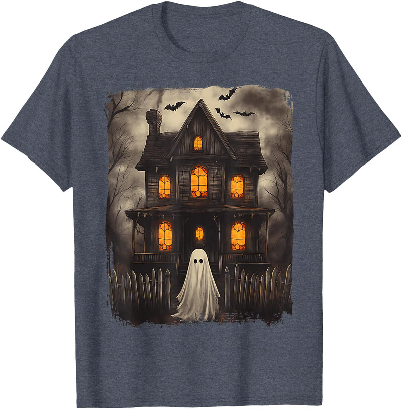 Vintage Haunted House Ghost Halloween Costumes Vintage Ghost Haunted House Scary Halloween Costume Spooky T-Shirt - Heather