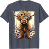 Funny Highland Cow lover Floral Highland Cow Cowboy Boots Western Country T-Shirt - Heather Blue