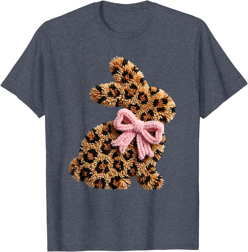 Funny Bunny Leopard Crochet Rabbit Easter Day Coquette Bow T-Shirt in Heather Blue