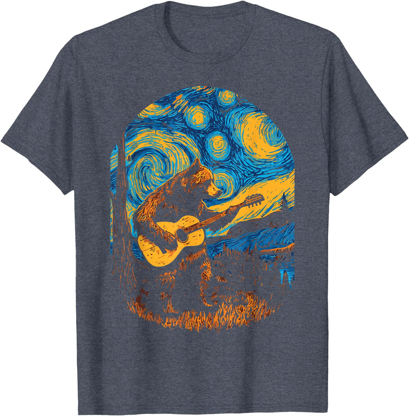 Bear playing Guitar Night-Sky Moon Guitar Grizzly Bear Blues Guitarist Starry Night Musician Music T-Shirt - Heather Blue