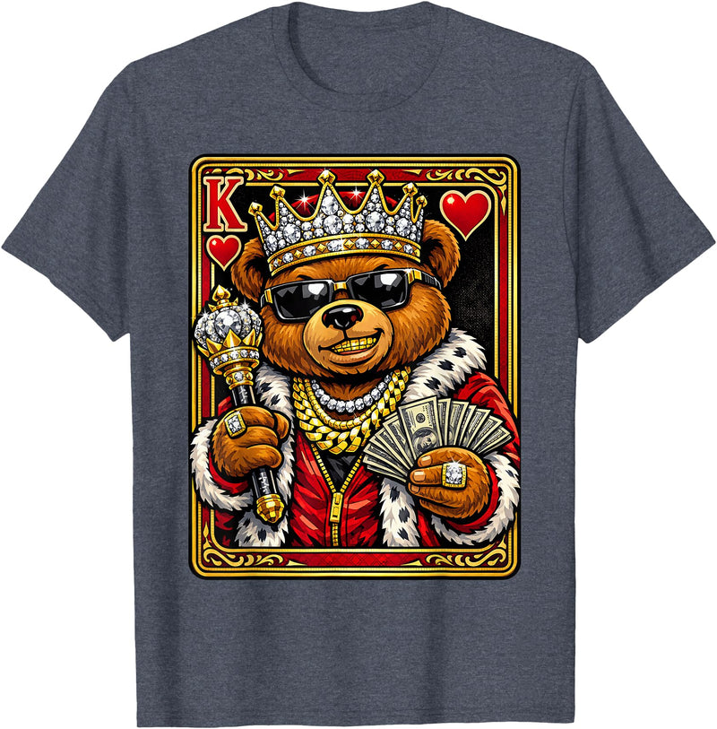 Teddy Bear King and Queen Matching Couples Designs King of Hearts Hip Hop Dripped Out Teddy Bear Hustle Money T-Shirt - Heather Blue