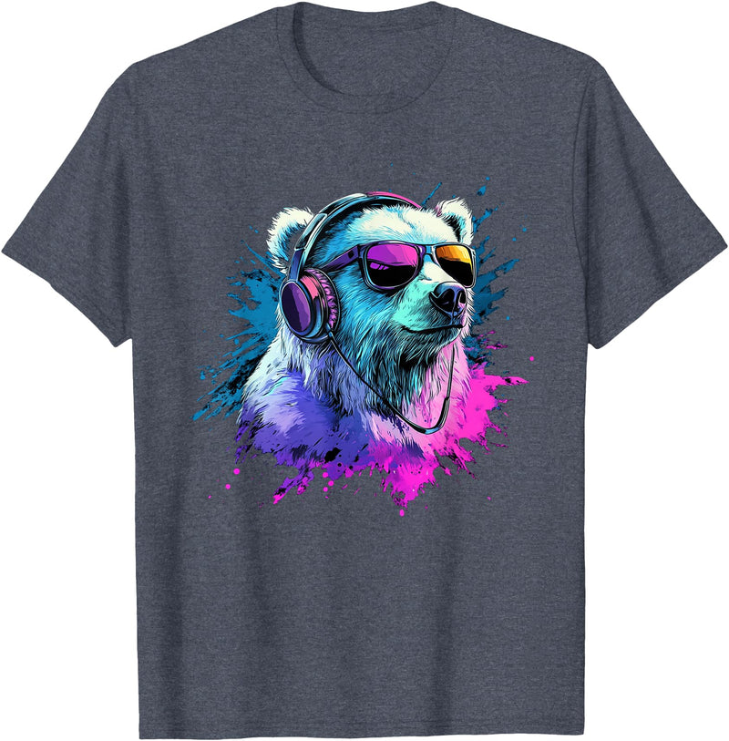 Colorful Artistic Polar Bear Animal Motifs Polar Bear Colorful Music Headphones Artistic Polar Bears T-Shirt - Heather Blue