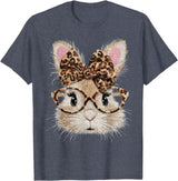 Cute Bunny Rabbit Face Leopard Coquette Bow Glasses Easter T-Shirt in Heather Blue