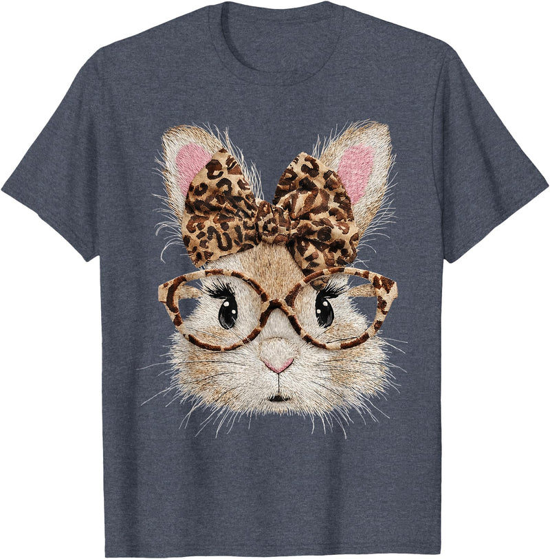 Cute Bunny Rabbit Face Leopard Coquette Bow Glasses Easter T-Shirt in Heather Blue