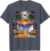 Funny Halloween Summer Tropical Skeleton Summerween Skeleton Beach Party Halloween Vibes T-Shirt - Heather Blue