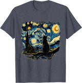 Cat Starry Night Van Gogh Cat T-Shirt for Cat Lovers, Women, Unisex, Black, Small, Short Sleeve, Classic Fit