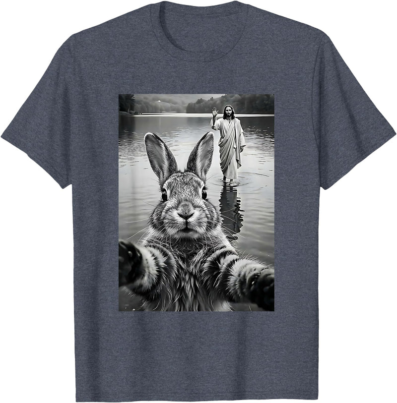 Funny Rabbit & Jesus Selfie, Easter, Religious, Christian T-Shirt in Heather Blue