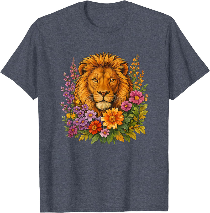 Cute and Funny Lions Graphic Designs. Lion Flower Floral Cute Men Women Kids T-Shirt - Heather Blue