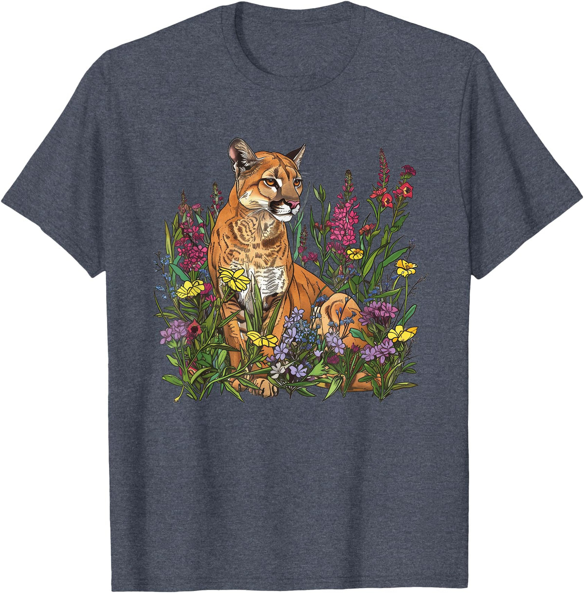 Mountain Lion Cougar Panther Catamount Designs Mountain Lion Amidst Wildflowers T-Shirt - Heather Blue