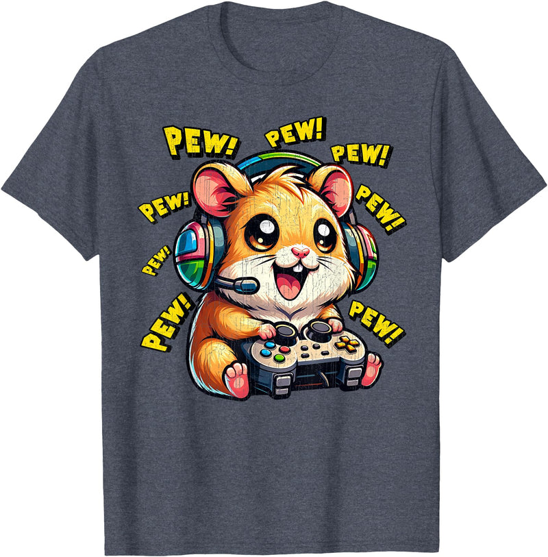 Hamster Gamer Pew Funny Video Games Vintage Boys Men Girls T-Shirt - Heather Blue