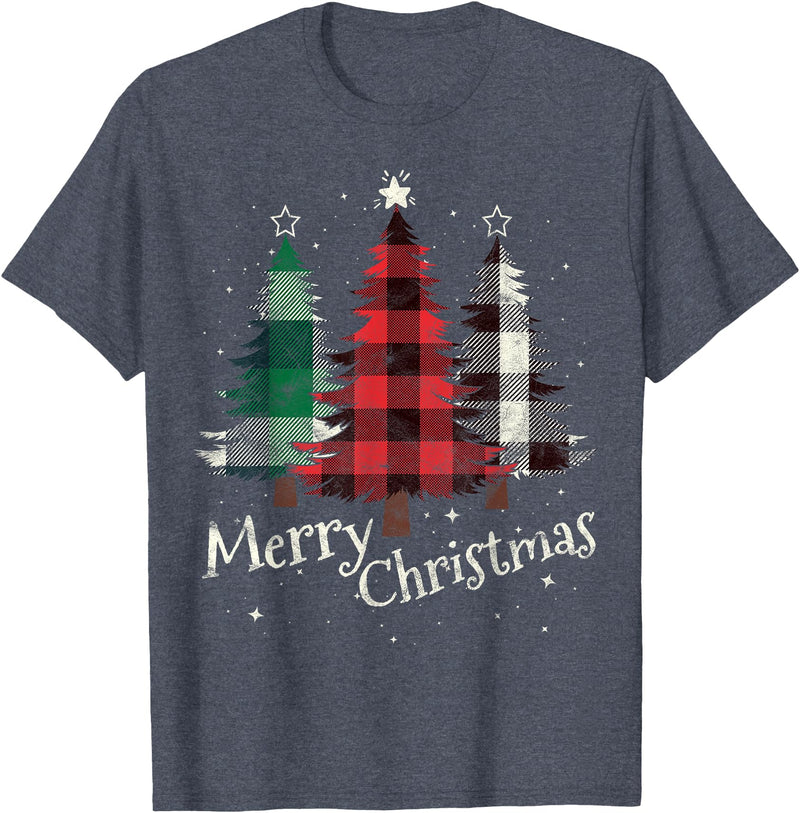 Merry Christmas Apparel Matching Family Clothes Merry Christmas Three Xmas Trees Buffalo Plaid Woman Gift T-Shirt - Heather