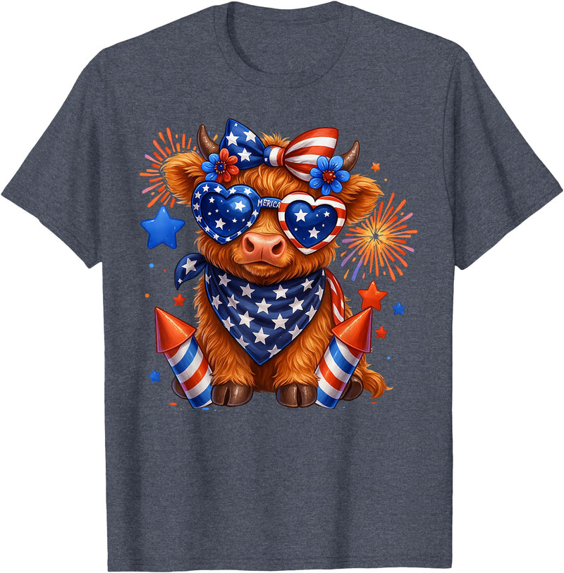 Cute Highland Cow 4th of July USA Flag Patriotic Cow Farmer T-Shirt - Heather Blue