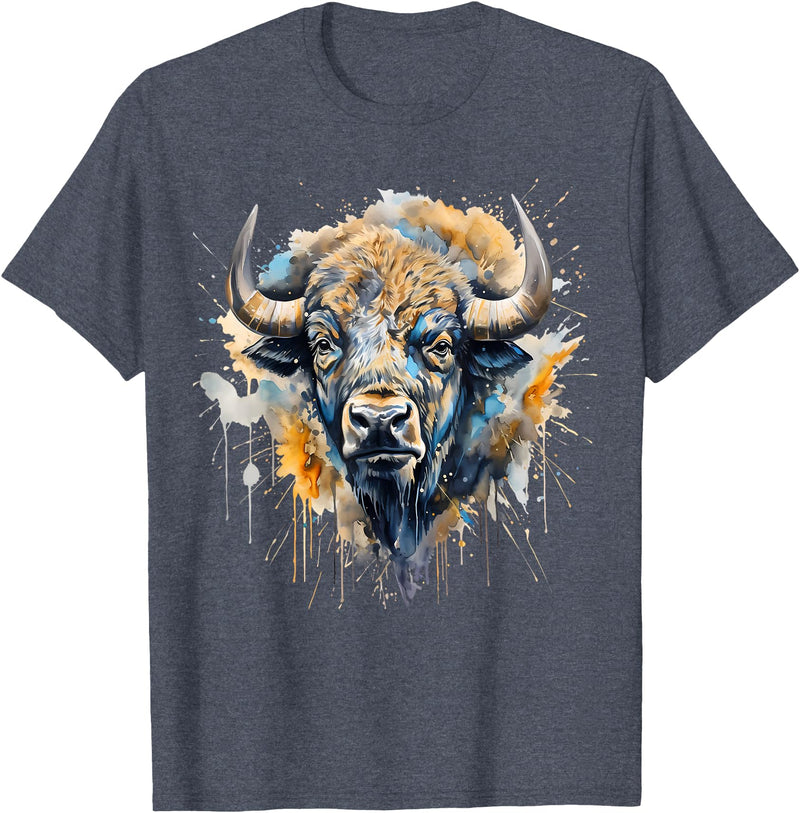 Safari Animal Art Buffalo Portrait Colorful Splash Artwork Wildlife Bison T-Shirt - Heather Blue