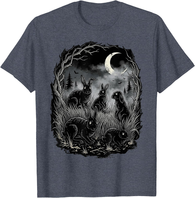 Midnight Woodland Rabbit Art Apparel Graphic Tees Creepy Black Rabbits Moonlit Forest Gothic Horror Halloween T-Shirt -