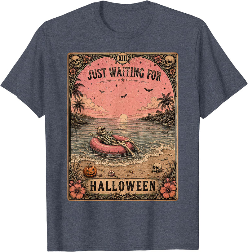 Just Waiting for Halloween Tarot Card art Halloween Tarot Card Spooky Summer Skeleton Just Waiting T-Shirt - Heather Blue