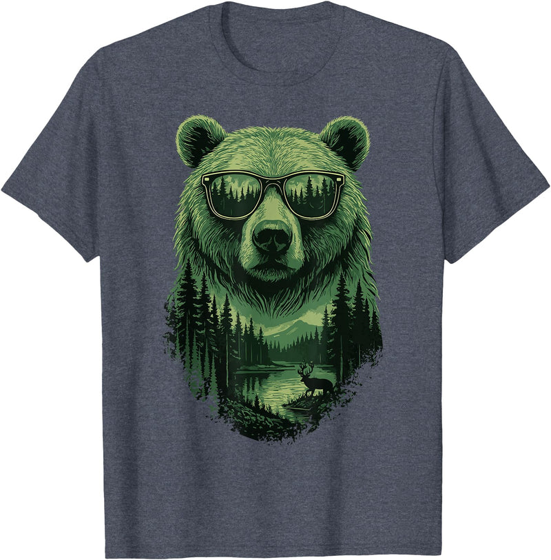 Bear Wildlife Deer Campfire Nature Apparel Bear Sunglasses Wildlife Deer Campfire Nature Vintage Forest T-Shirt - Heather Blue