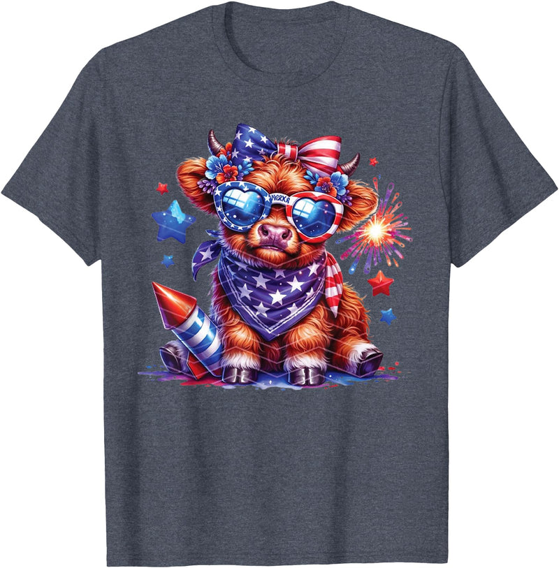 July 4th Highland Cow Farm Lovers America Costume Cute Highland Cow Florals 4th of July USA Flag Patriotic Cow T-Shirt -