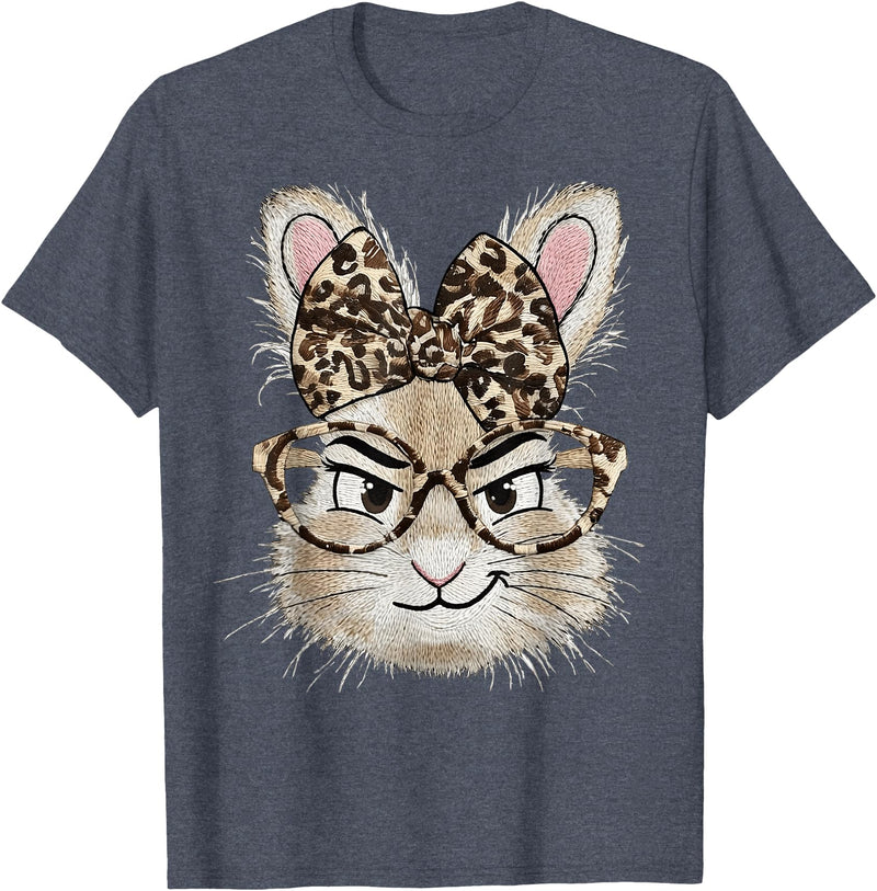 Bunny Glasses Bandana Leopard Funny Rabbit Happy Easter T-Shirt in Heather Blue