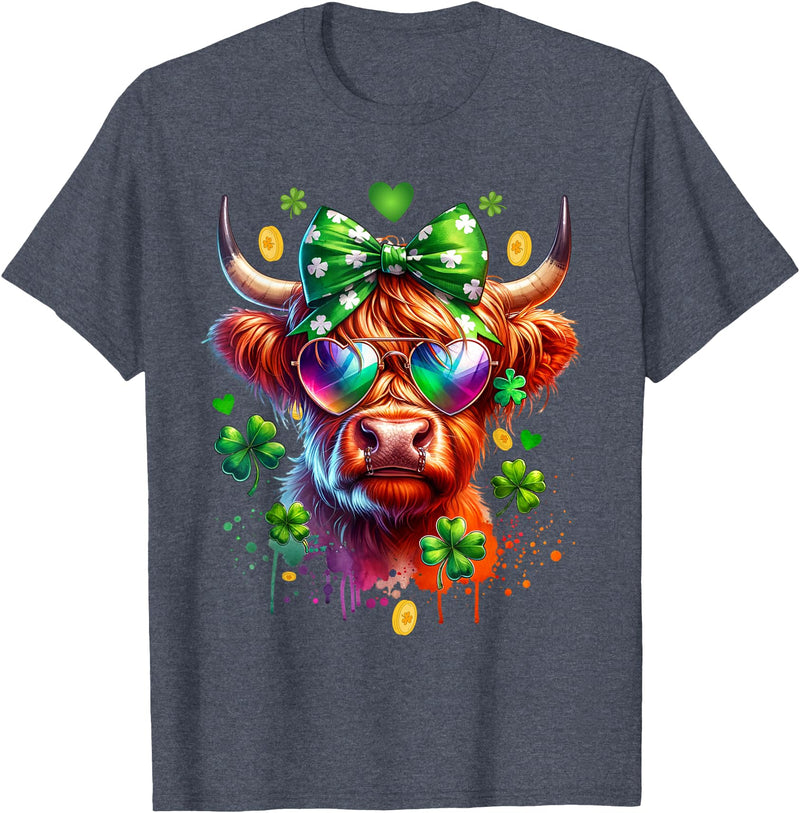 Funny St Paddy Highland Cow St Patricks Day Outfit Cute Highland Cow With Sunglasses St Patricks Day Funny T-Shirt - Heather