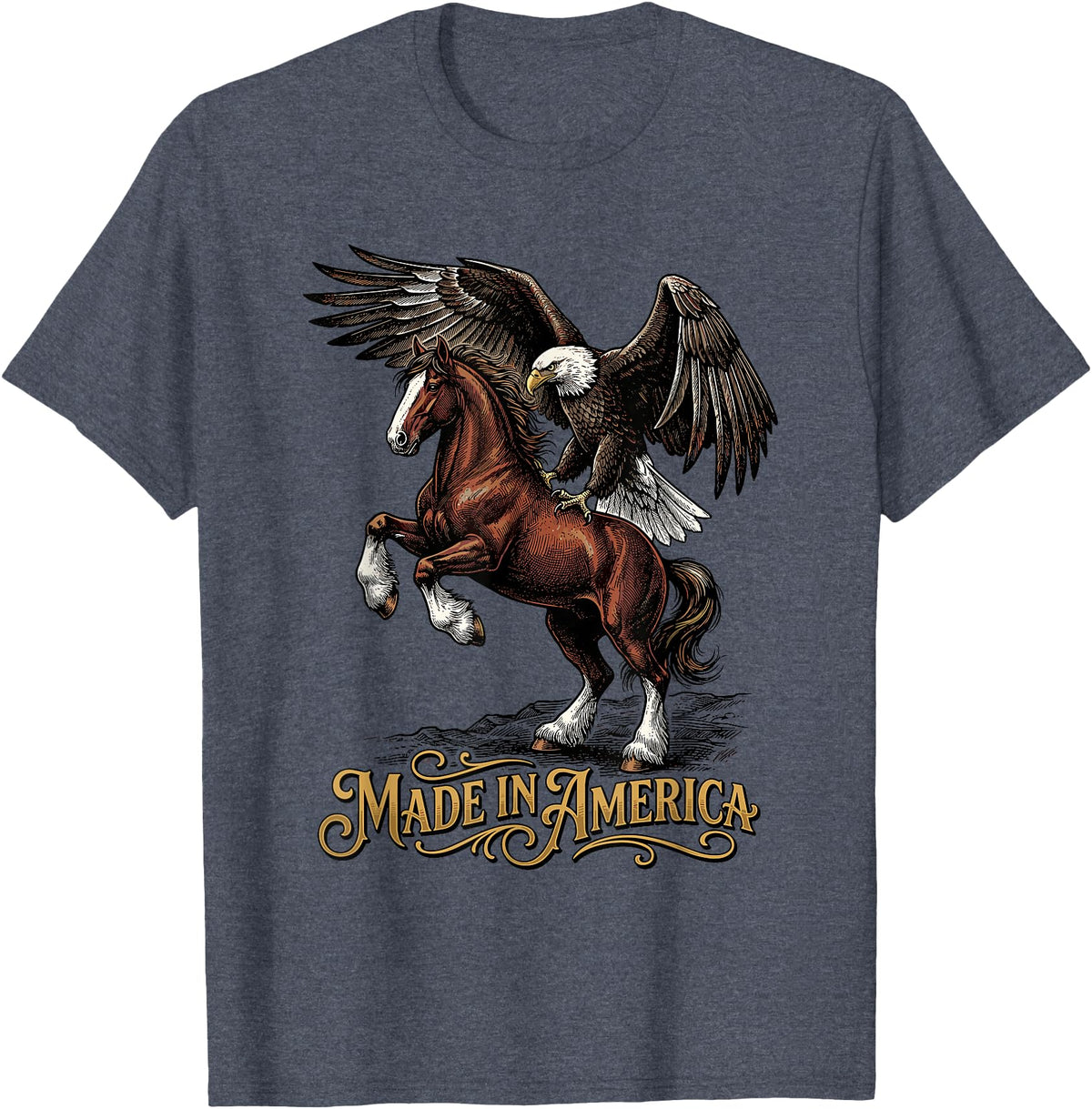 American Pride Horse Eagle Country Made in America Horse Eagle Patriotic Western T-Shirt - Heather Blue