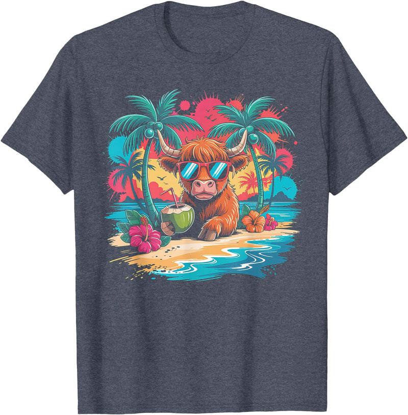 Summer Vibes Highland Cow Funny Beach Vacation Tee Tropical Highland Cow Summer Vibes Funny Beach T-Shirt - Heather Blue