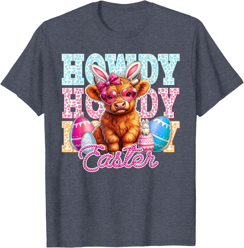 Highland Cow Easter Cute Western Farm Apparel Howdy Easter Cute Highland Cow Bunny Ears Western Easter T-Shirt - Heather Blue