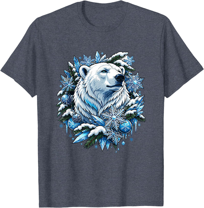Arctic Polar Bear Winter Snowflakes Christmas Polar Bear Wreath Ice Crystals T-Shirt - Heather Blue