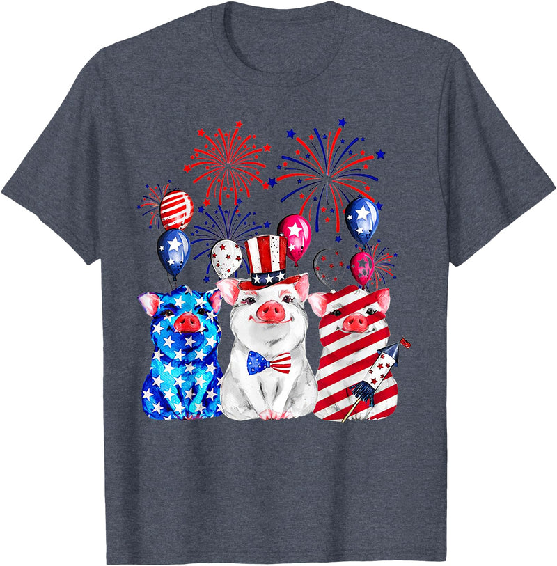 Fireworks American Flag Funny Pig 4th of July Fireworks American Flag Funny Pig Patriotic Farmer 4th July T-Shirt - Heather Blue