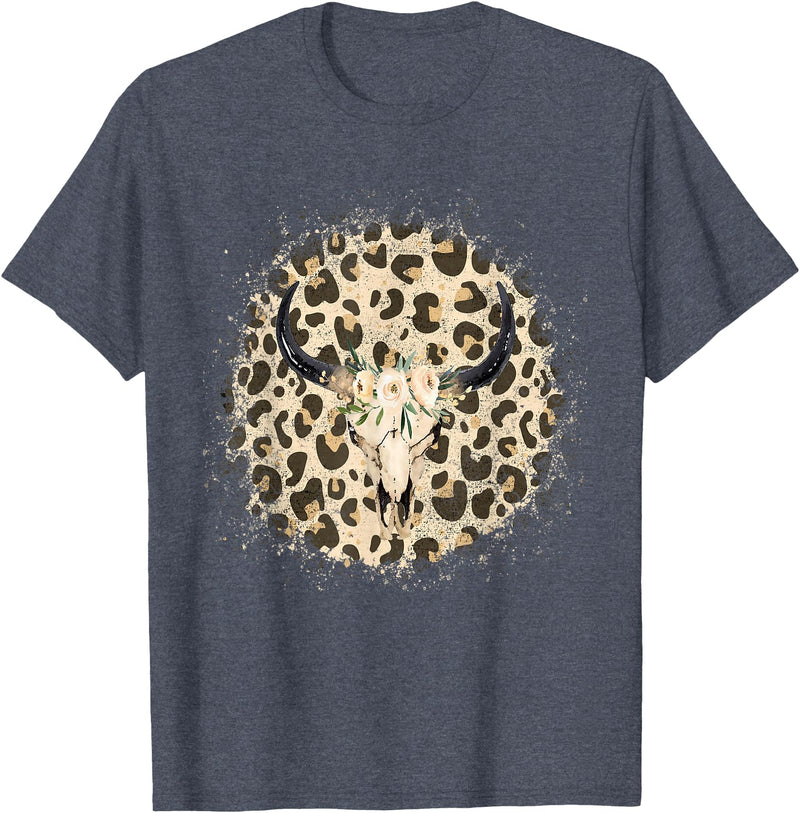 Funny Leopard Cow Skull designs Funny Leopard Cow Skull print Flower Rustic Turquoise T-Shirt - Heather Blue