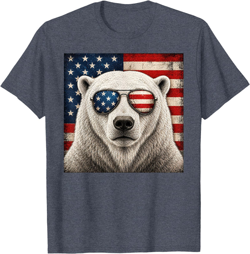 Retro Polar Bear USA Sunglasses July Fourth Polar Bear 4th of July US American Flag Patriotic T-Shirt - Heather Blue