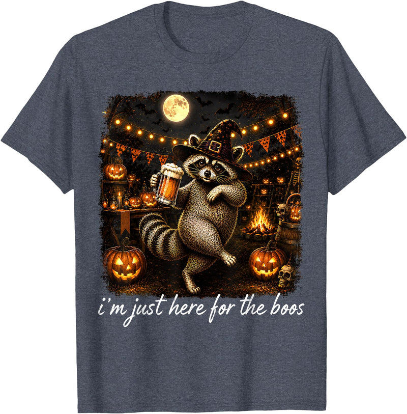 Halloween Tees Kids Women Men I'm Just Here for The Boos Funny Raccoon Pumpkin Halloween T-Shirt - Heather Blue