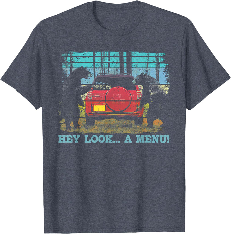 Funny Camping Lovers Gift Tee Hey Look A Menu Funny Bear Camping Retro Vintage Camper Car T-Shirt - Heather Blue