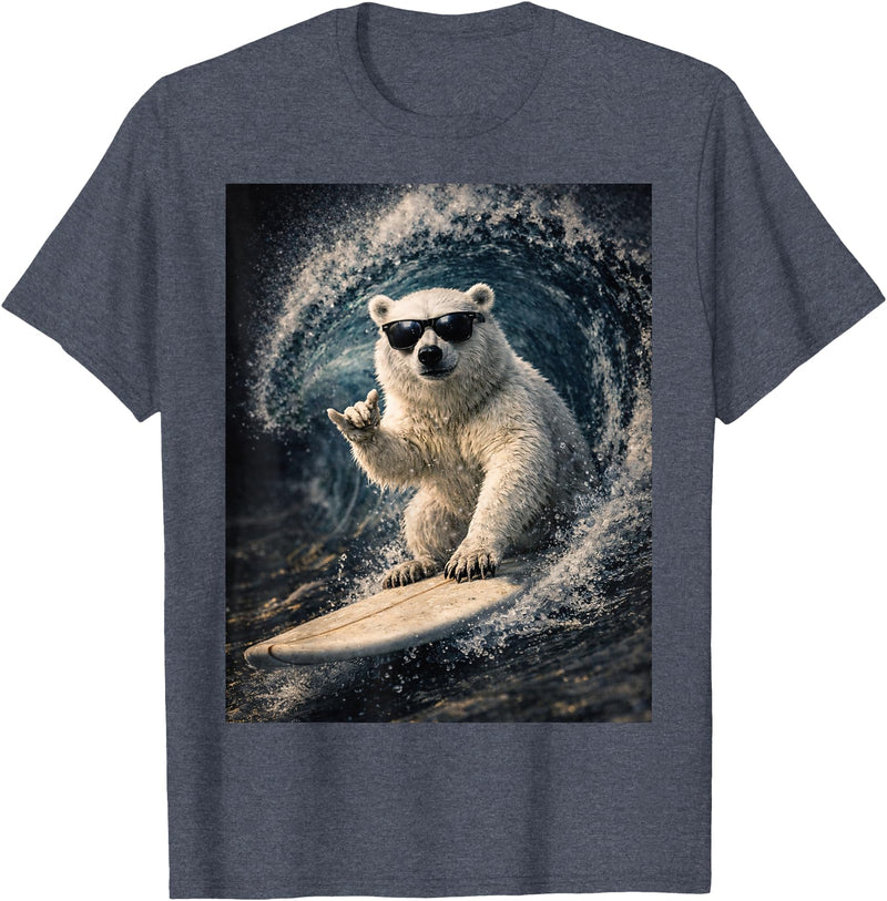 White Bear Surfing Waves Funny Animal Apparel Funny Polar Bear Surfer Catching Waves | Shaka Funny Animal T-Shirt - Heather Blue