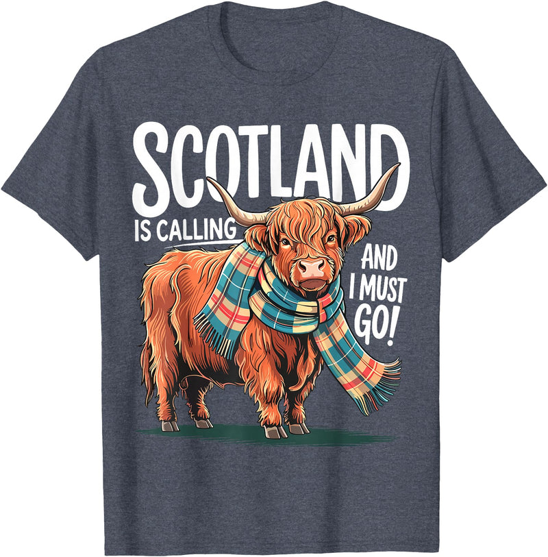 Funny Scottish Highland Cow Scotland is Calling and I Must go Scottish Highland Cow T-Shirt - Heather Blue