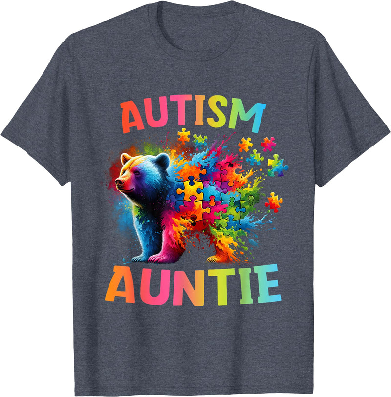 Colorful Rainbow Family Bear Autism Awareness Autism Auntie Colorful Rainbow Auntie Bear Autism Awareness T-Shirt - Heather Blue