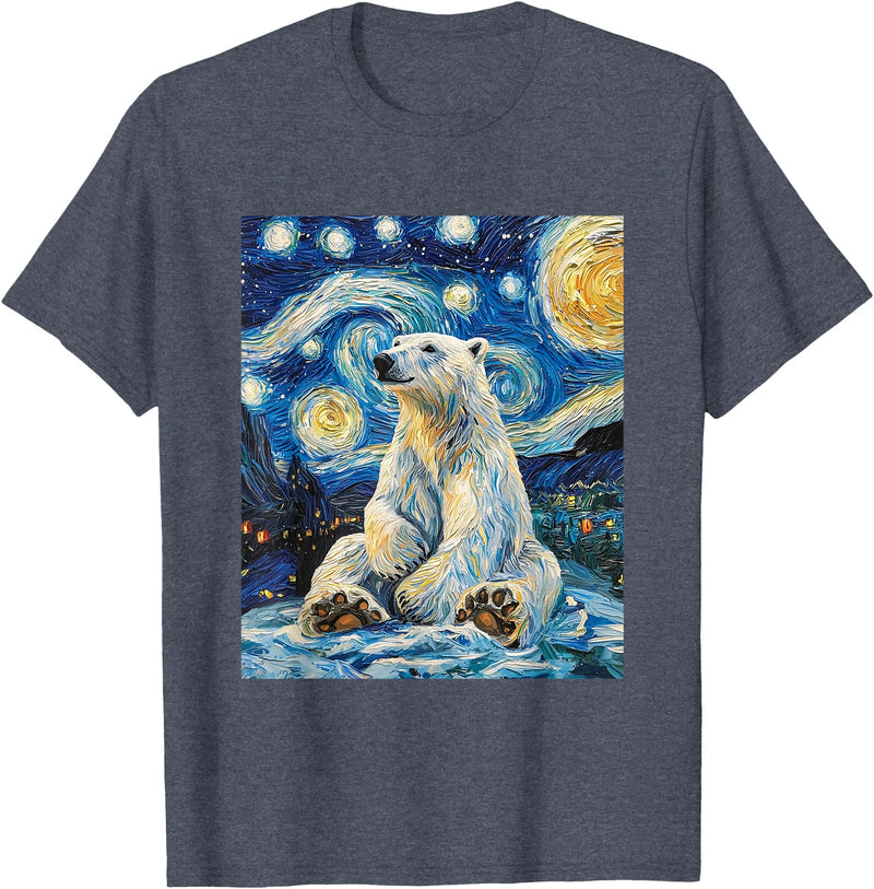 Bear Designs. Cute Polar Bear Van Gogh Style Starry Night Funny Graphic T-Shirt - Heather Blue