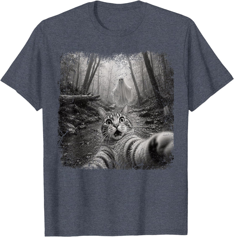 Halloween Ghost Cat Selfie Forest Lat Halloween Ghost Cat Forest Selfie Scared Men Women Kid T-Shirt - Heather Blue