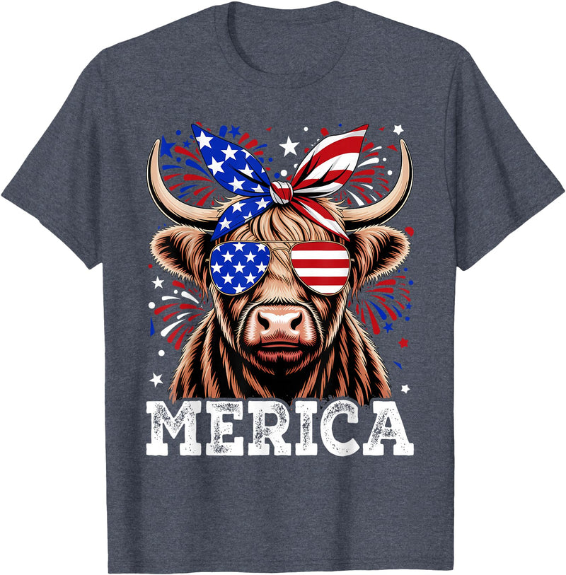 Highland Cow Lover Gift Co. 4th Of July Highland Cow Merica American Farm Men Women T-Shirt - Heather Blue