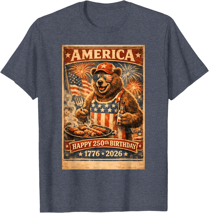 USA Birthday 250th American Spirit Tees All Ages Celebrate 250 Years with Fun Bear BBQ Graphic T-Shirt - Heather Blue